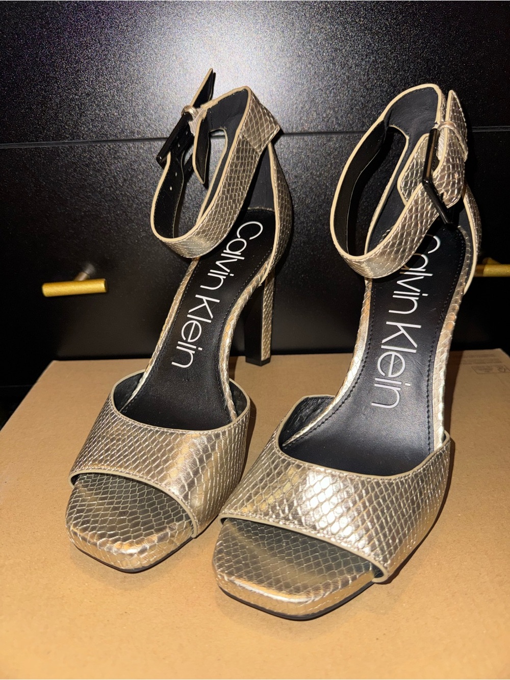 Calvin Klein Metallic Gold Snake-Print Ankle-Strap Heels NWOT